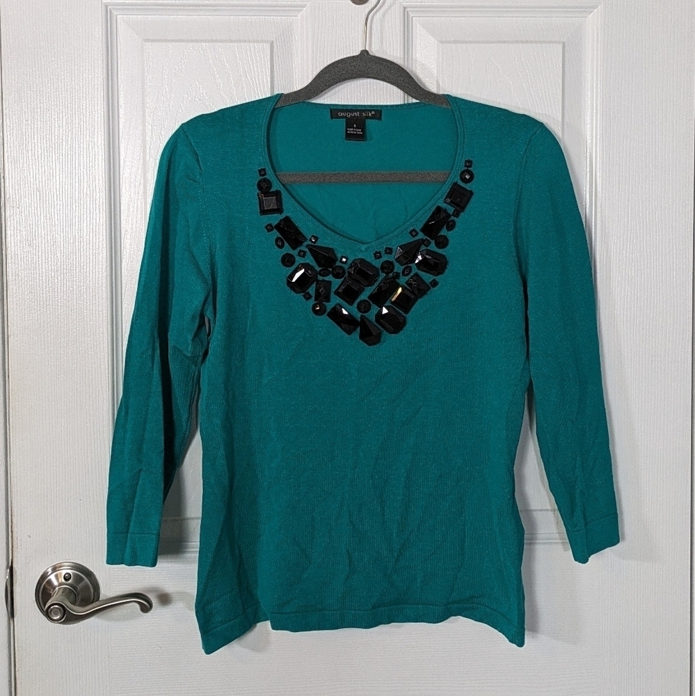 Silk Embellished Neckline‎ Kelly Green 3/4 Sleeve Top from August Silk Size S